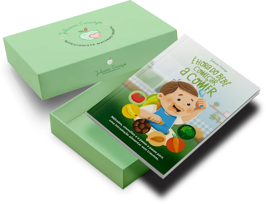 Livro É hora do bebê começar a comer ao lado da caixa verde personalizada